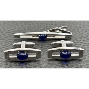 Vintage Modernist Foster Cabochon Blue Glass Cufflinks Tie Clip Set Silver Tone